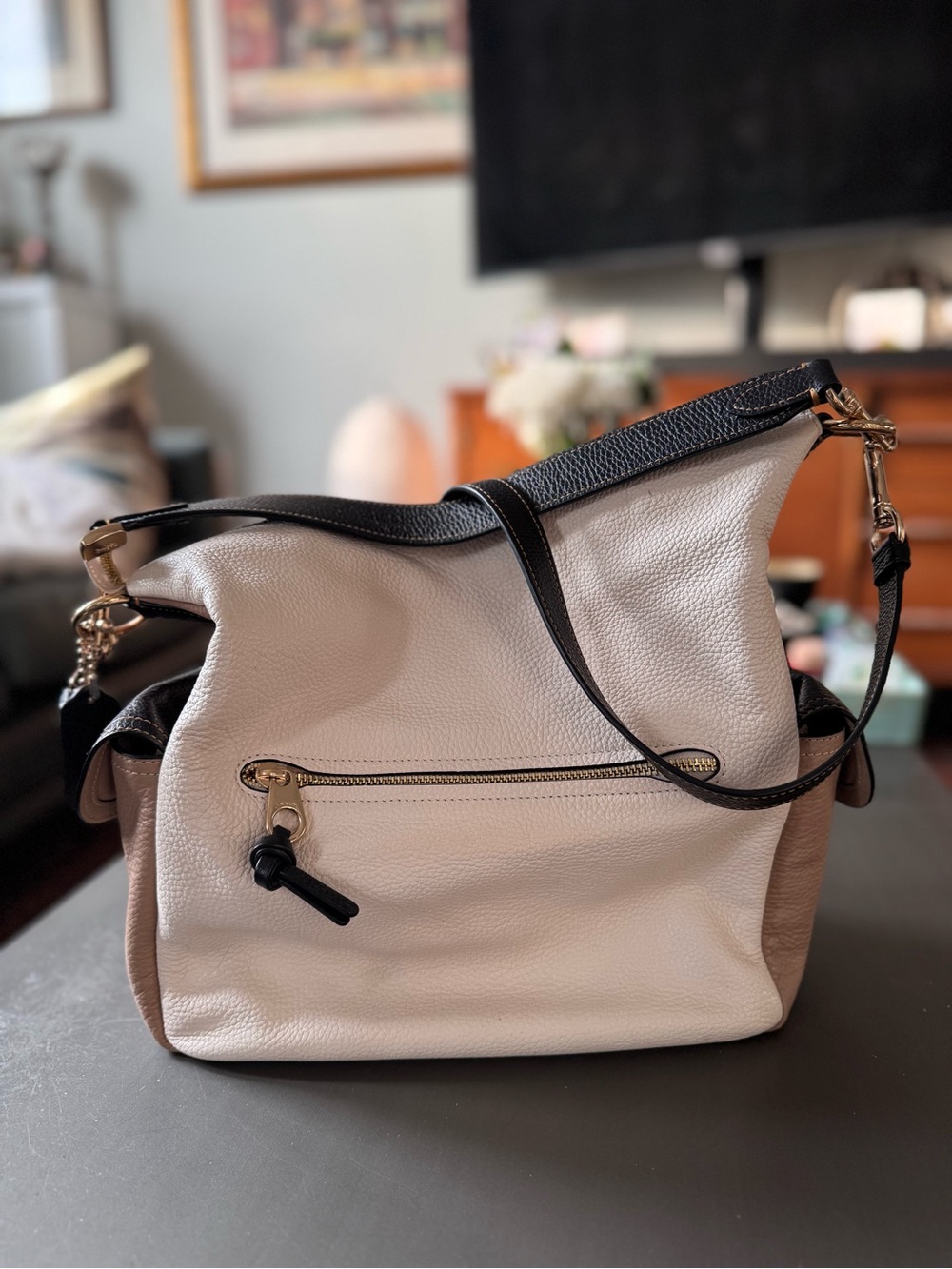 Coach Slouchy Pennie Colorblock Pebble Leather Shoulder Bag in Cream and Black - Picture 3 of 10